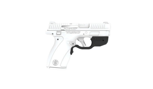 White semi-automatic pistol shown in profile with a black grip, Smith & Wesson branding on the slide.