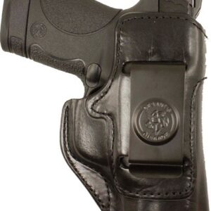 Compact handgun in a black leather holster with a belt clip, shown from the side.