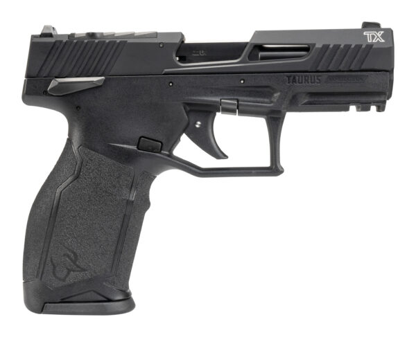 Side view of a black Taurus TX semi-automatic pistol with a textured grip and tactical slide