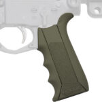 Olive green rifle grip attached to a partially visible AR-style lower receiver.