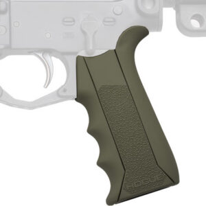 Olive green rifle grip attached to a partially visible AR-style lower receiver.