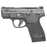 Side view of a gray and black M&P 9 Shield Plus semi-automatic pistol with textured grip.