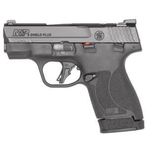 Side view of a gray and black M&P 9 Shield Plus semi-automatic pistol with textured grip.
