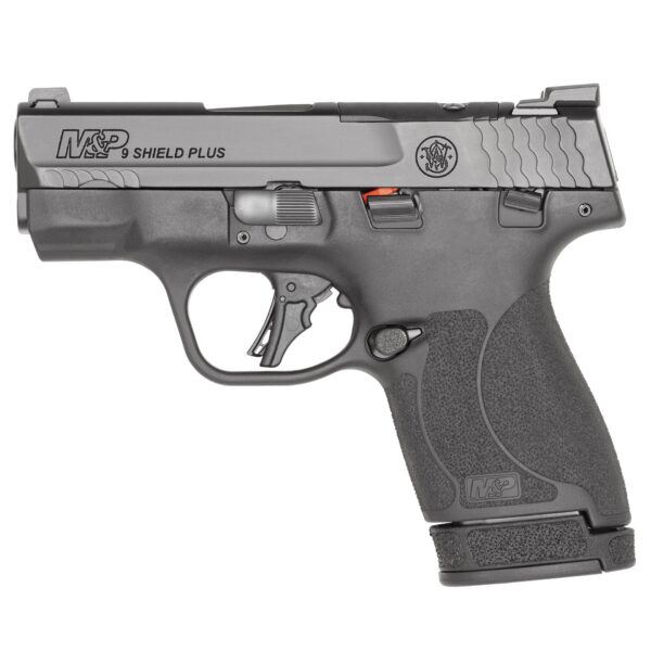 Side view of a gray and black M&P 9 Shield Plus semi-automatic pistol with textured grip.