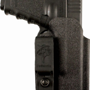 Semi-automatic pistol in a DeSantis holster, shown from the side with retention screws visible.