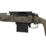 Camouflage-pattern bolt-action rifle with a long barrel and detachable magazine on a white background.