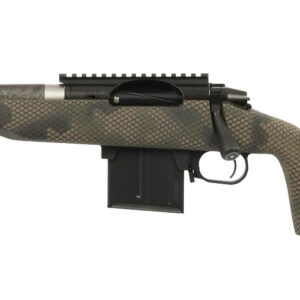 Camouflage-pattern bolt-action rifle with a long barrel and detachable magazine on a white background.