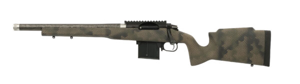 Camouflage-pattern bolt-action rifle with a long barrel and detachable magazine on a white background.