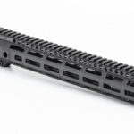 AR-15 style upper receiver with a long, free-float handguard and Picatinny rail, shown from a left-side angle.