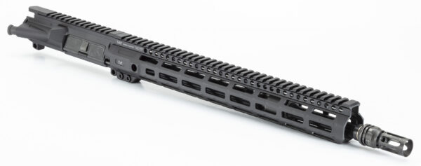 AR-15 style upper receiver with a long, free-float handguard and Picatinny rail, shown from a left-side angle.