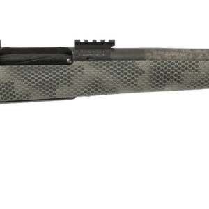 Bolt-action rifle with gray hex camouflage pattern, shown in a side view on a white background