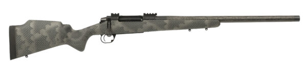 Bolt-action rifle with gray hex camouflage pattern, shown in a side view on a white background