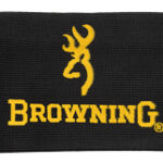 Black Browning gun sleeve with drawstrings, featuring a yellow Browning logo, used to protect and store a rifle.