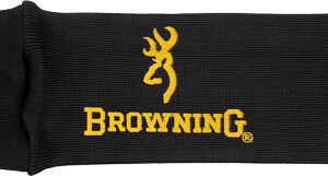 Black Browning gun sleeve with drawstrings, featuring a yellow Browning logo, used to protect and store a rifle.
