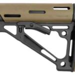 Tan and black adjustable rifle stock with side rails (firearm component).