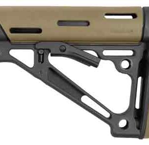 Tan and black adjustable rifle stock with side rails (firearm component).