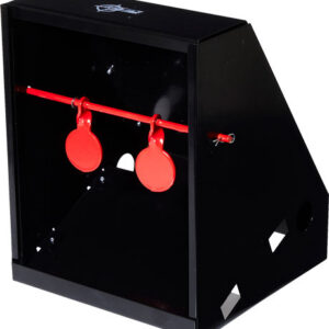 Black metal box with a red horizontal rod holding two red circular paddles inside; appears to be a small tabletop goal or target mechanism.