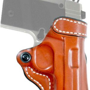 Side view of a handgun in a brown leather holster with white stitching