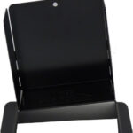 Black metal/plastic desktop stand with two curved feet, used to prop up a tablet or small book from the front.