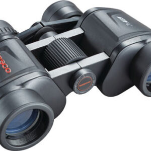 Black Tasco binoculars with a central focusing wheel and large objective lenses toward the viewer.