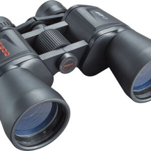 Close-up of black binoculars with a central focusing wheel, viewed from the front-right.