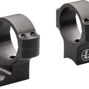 Pair of black metal scope rings with bases for mounting a rifle scope on a white background
