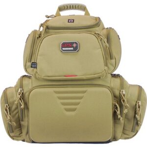Tan tactical backpack with multiple zippered compartments and padded side pockets, front pocket featuring a triangular design and GPS patch label in center, top carry handle visible.