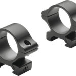 Pair of black scope rings for a rifle, shown facing opposite directions.