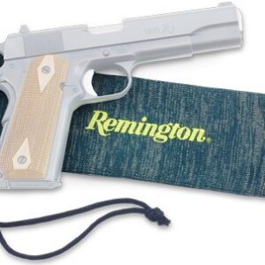 Semi-automatic handgun with a light gray frame and beige grip resting on a blue denim holster embroidered with 'Remington'
