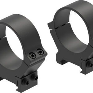 Two black rifle scope rings with mounting clamps and screws, shown side by side for attaching a scope to a gun rail.