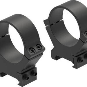 Two black rifle scope rings with mounting bases, shown from an angled perspective.