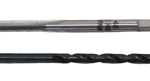 Two twist drill bits lying parallel, one silver and one black-coated.