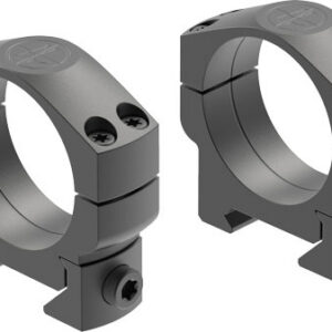 Pair of gray split-ring scope mounts with screws, used to attach a rifle scope to a firearm.