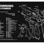 Exploded schematic of Browning Hi-Power pistol parts with labels and assembly notes on a black background and white lines.