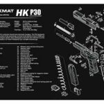 Exploded diagram of a HK P30 pistol with labeled parts on a black TekMat gun disassembly mat.