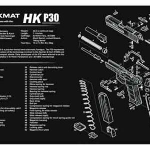 Exploded diagram of a HK P30 pistol with labeled parts on a black TekMat gun disassembly mat.