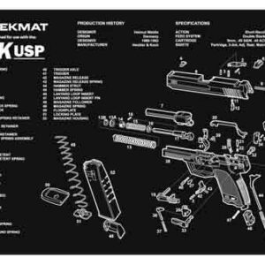 Exploded schematic of a HK USP pistol printed on a TekMat mat, with numbered parts and a parts list on the left against a black background.