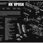 Exploded diagram of an HK VP9SK pistol with numbered parts and assembly details displayed on a TekMat gun cleaning mat.