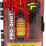 Pro-Shot Smallbore Cleaning Kit in a clear outer case, showing cleaning rod, solvent bottle, and brushes in a hex-grill layout.