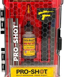 Pro-Shot Smallbore Cleaning Kit in a clear outer case, showing cleaning rod, solvent bottle, and brushes in a hex-grill layout.