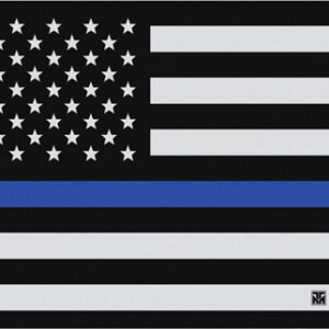 Black US flag with a single blue stripe on a black background, symbolizing support for law enforcement; TekMat logo bottom-right.