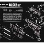 Exploded schematic diagram of a Ruger LCP pistol on a TekMat work mat, showing disassembled parts and numbers.