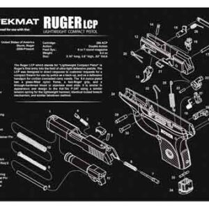 Exploded schematic diagram of a Ruger LCP pistol on a TekMat work mat, showing disassembled parts and numbers.