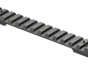 Black Picatinny rail segment with evenly spaced slots for mounting firearm accessories such as sights or grips.