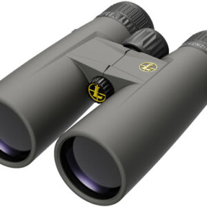 Gray binoculars with a central hinge and textured eyepieces, viewed from above.