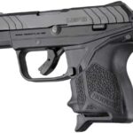 Black semi-automatic pistol shown from the side, with a textured grip and compact frame (Ruger LCP II).