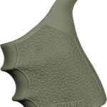 Olive-green Hogue rubber pistol grip with a textured surface for improved handling.