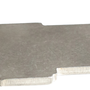 Flat gray metal tool shaped like a key, with a rounded right end and small notches along the bottom edge