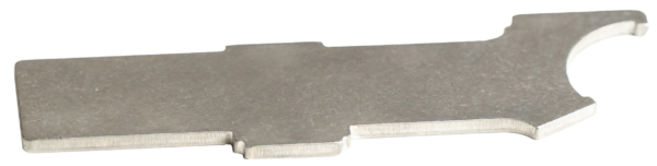 Flat gray metal tool shaped like a key, with a rounded right end and small notches along the bottom edge