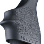 Close-up of a black Hogue pistol grip with a textured surface.